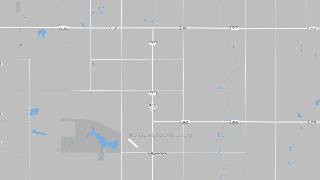 Walk Grade map of Erie, ND, walkable areas in green and car-dependent areas in red