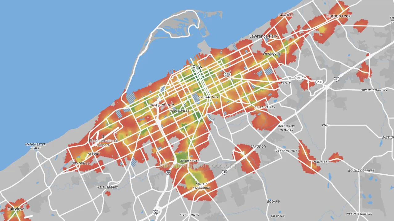 Walk Grade map of Erie, PA, walkable areas in green and car-dependent areas in red
