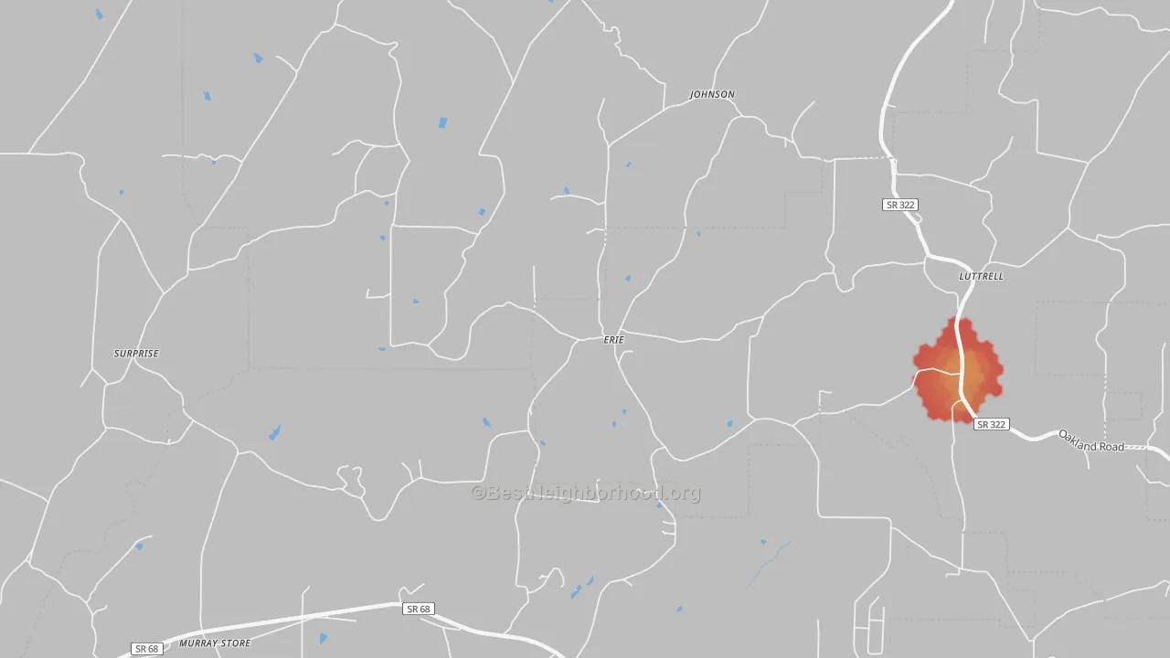Walk Grade map of Erie, TN, walkable areas in green and car-dependent areas in red