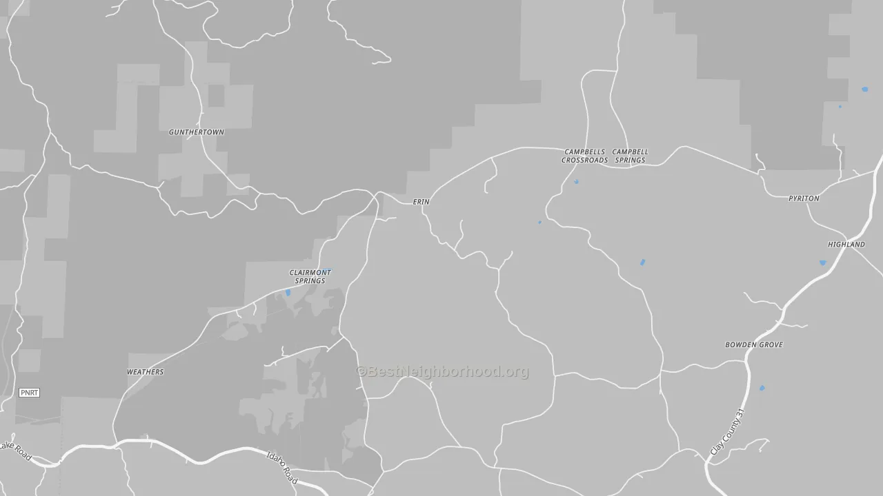 Walk Grade map of Erin, AL, walkable areas in green and car-dependent areas in red