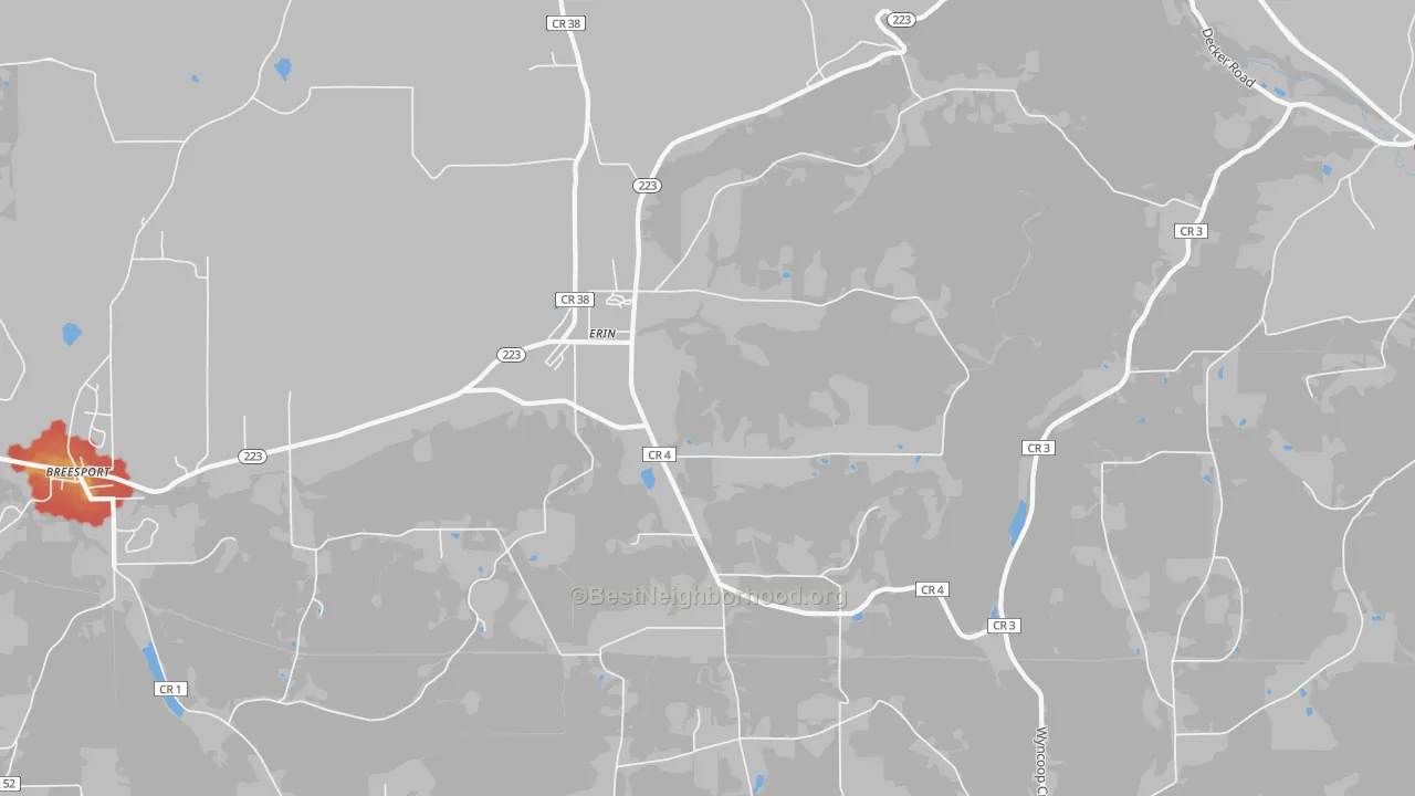 Walk Grade map of Erin, NY, walkable areas in green and car-dependent areas in red