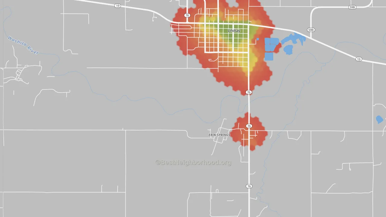 Walk Grade map of Erin Springs, OK, walkable areas in green and car-dependent areas in red