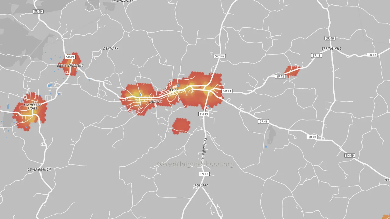 Walk Grade map of Erin, TN, walkable areas in green and car-dependent areas in red