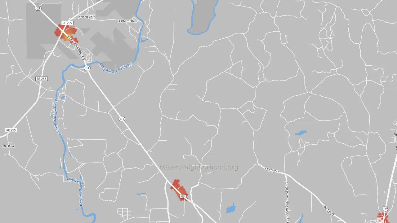Walk Grade map of Erin, TX, walkable areas in green and car-dependent areas in red