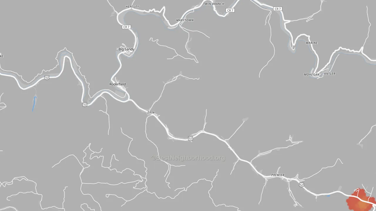 Walk Grade map of Erin, WV, walkable areas in green and car-dependent areas in red