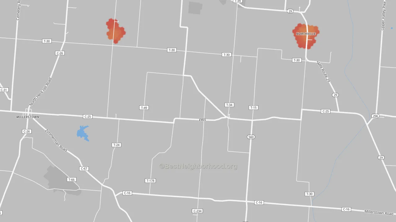 Walk Grade map of Eris, OH, walkable areas in green and car-dependent areas in red