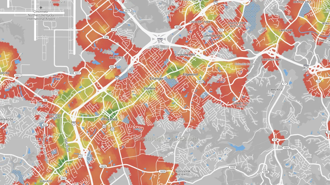 Walk Grade map of Erlanger, KY, walkable areas in green and car-dependent areas in red