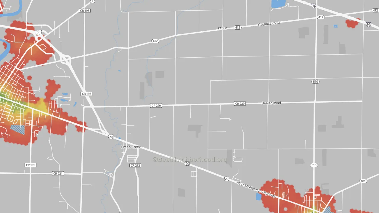 Walk Grade map of Erlin, OH, walkable areas in green and car-dependent areas in red