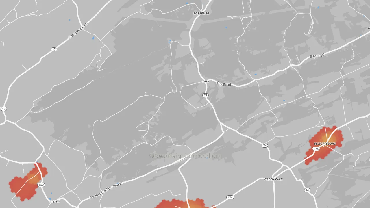Walk Grade map of Erly, PA, walkable areas in green and car-dependent areas in red