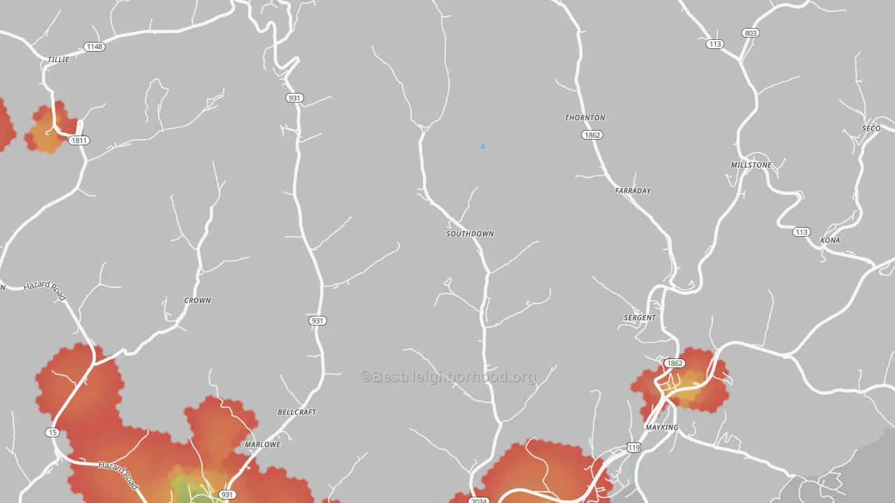 Walk Grade map of Ermine, KY, walkable areas in green and car-dependent areas in red