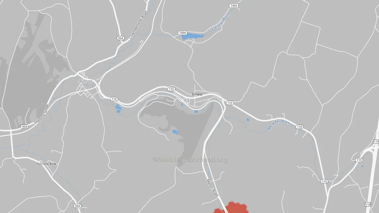Walk Grade map of Ernest, PA, walkable areas in green and car-dependent areas in red