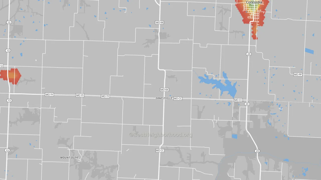 Walk Grade map of Ernestville, MO, walkable areas in green and car-dependent areas in red