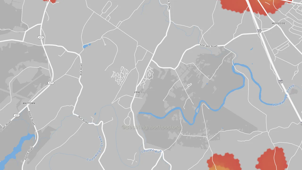 Walk Grade map of Erney, PA, walkable areas in green and car-dependent areas in red