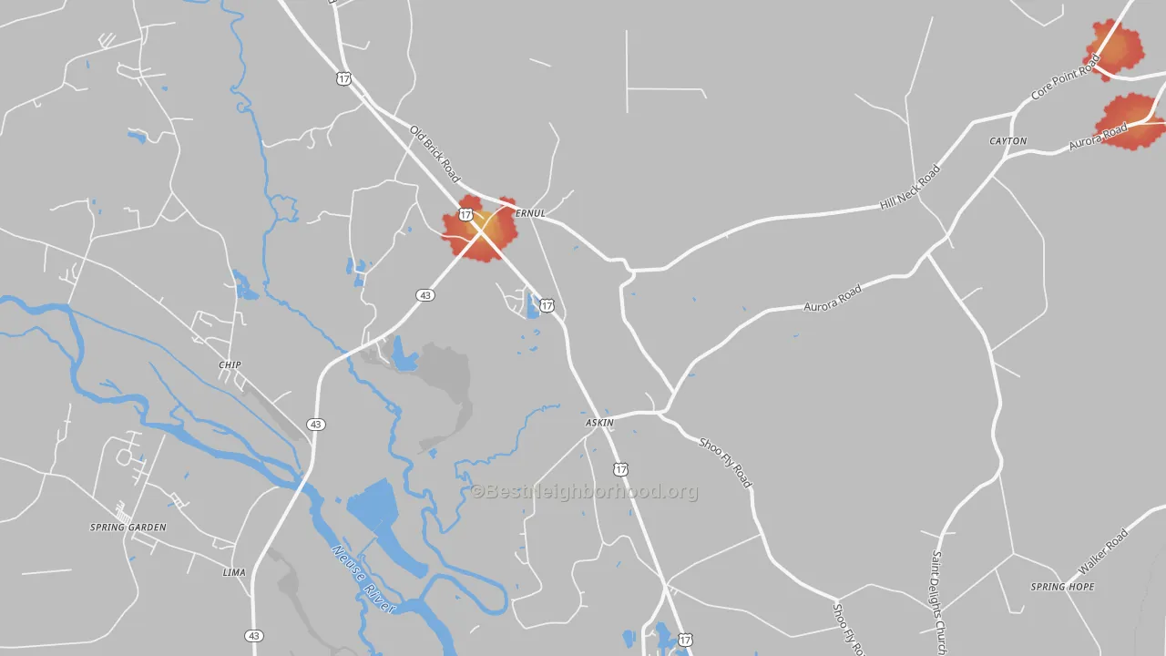 Walk Grade map of Ernul, NC, walkable areas in green and car-dependent areas in red