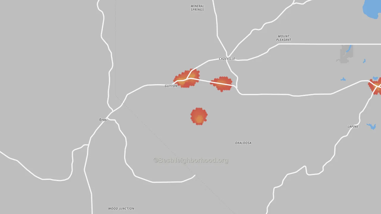 Walk Grade map of Eros, LA, walkable areas in green and car-dependent areas in red