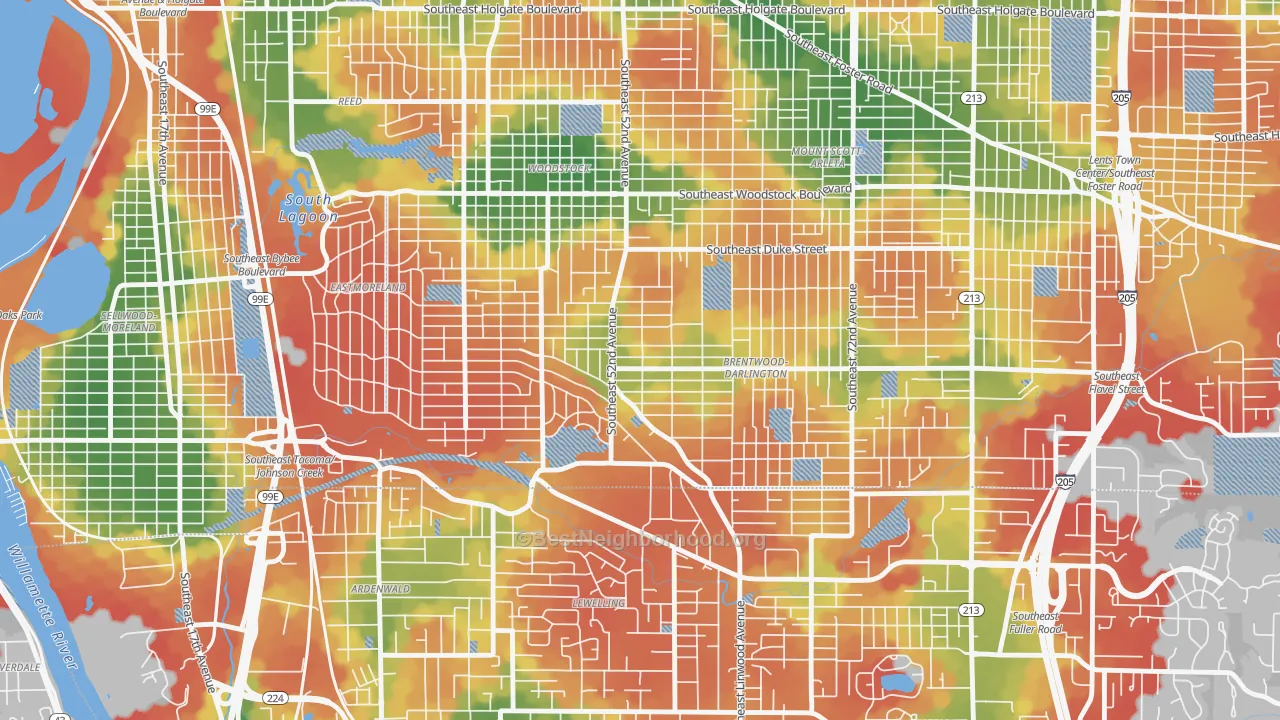 Walk Grade map of Errol Heights, Portland, OR, walkable areas in green and car-dependent areas in red