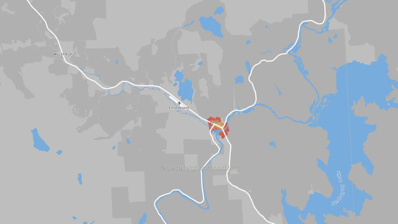 Walk Grade map of Errol, NH, walkable areas in green and car-dependent areas in red