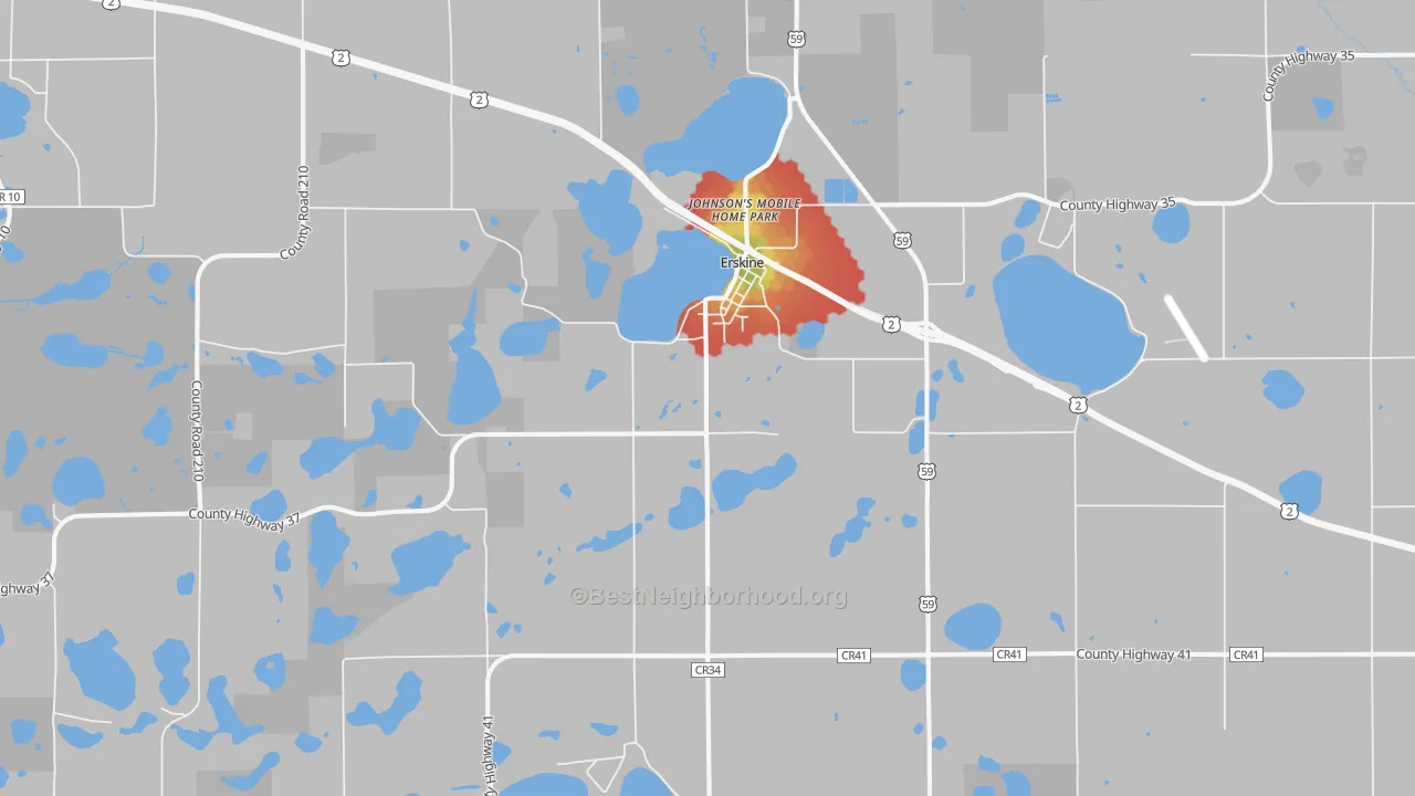 Walk Grade map of Erskine, MN, walkable areas in green and car-dependent areas in red