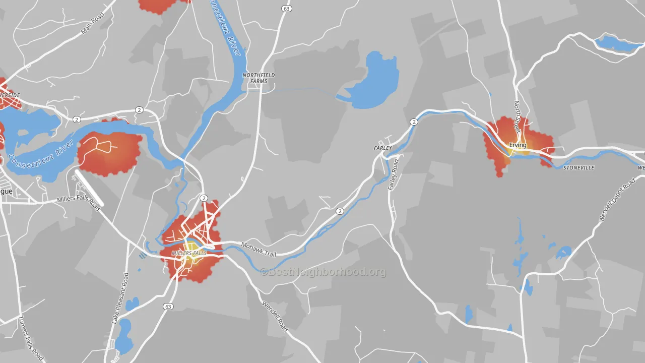 Walk Grade map of Erving, MA, walkable areas in green and car-dependent areas in red