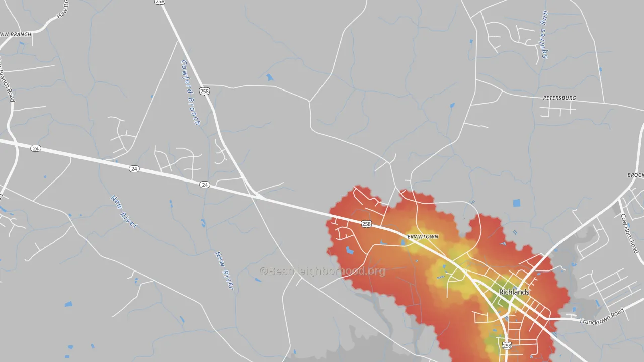 Walk Grade map of Ervintown, NC, walkable areas in green and car-dependent areas in red
