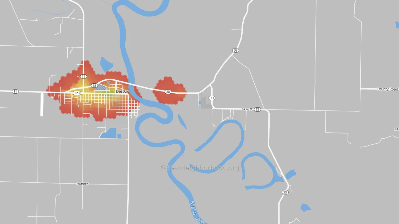 Walk Grade map of Erwin, AR, walkable areas in green and car-dependent areas in red