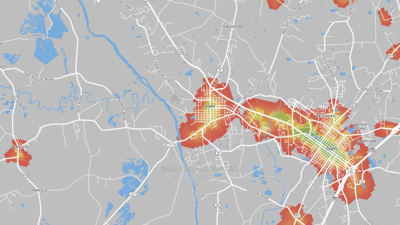 Walk Grade map of Erwin, NC, walkable areas in green and car-dependent areas in red