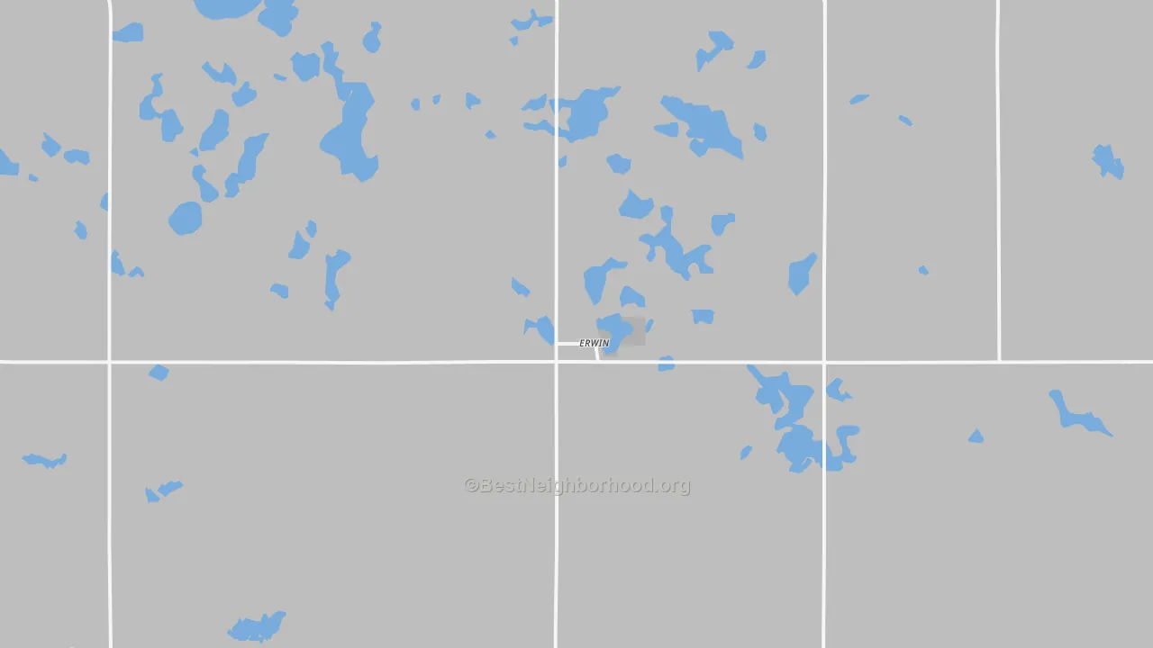 Walk Grade map of Erwin, SD, walkable areas in green and car-dependent areas in red