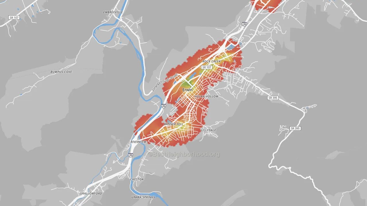 Walk Grade map of Erwin, TN, walkable areas in green and car-dependent areas in red