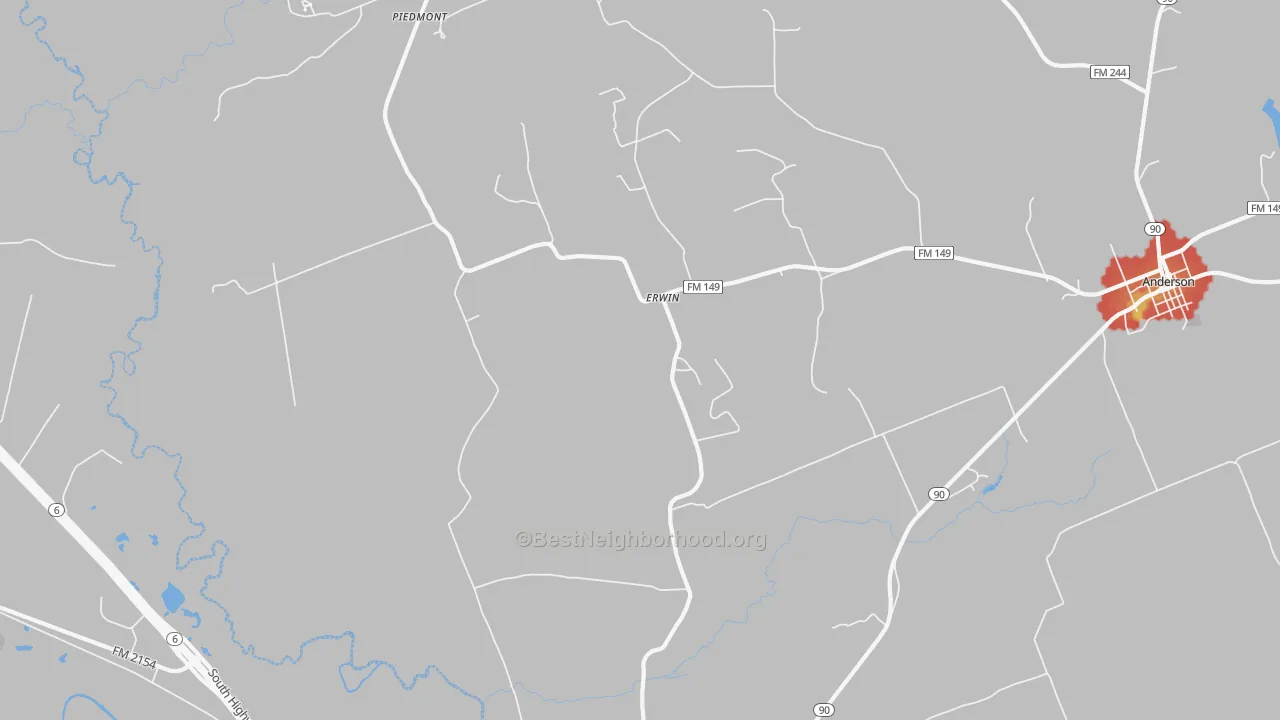 Walk Grade map of Erwin, TX, walkable areas in green and car-dependent areas in red