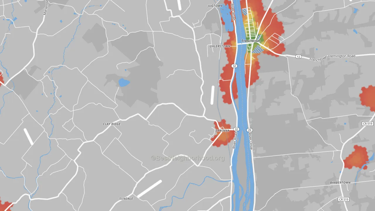 Walk Grade map of Erwinna, PA, walkable areas in green and car-dependent areas in red