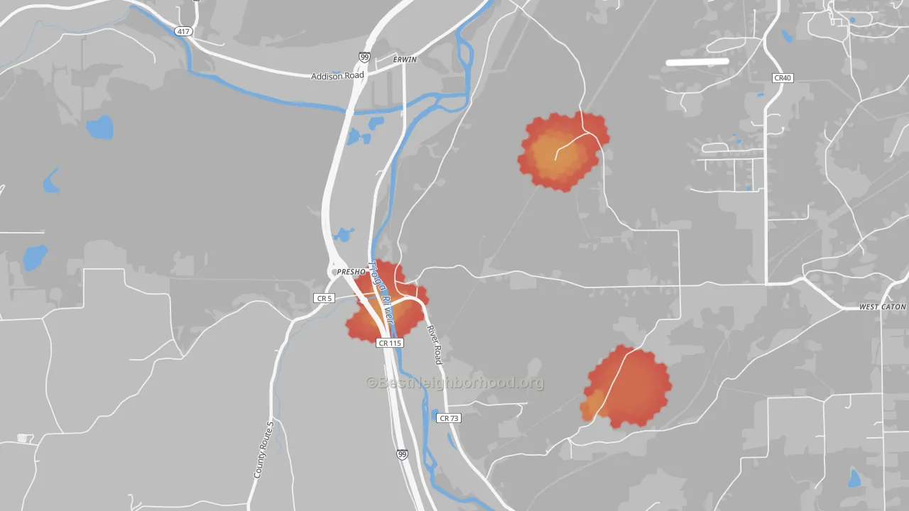 Walk Grade map of Erwins, NY, walkable areas in green and car-dependent areas in red
