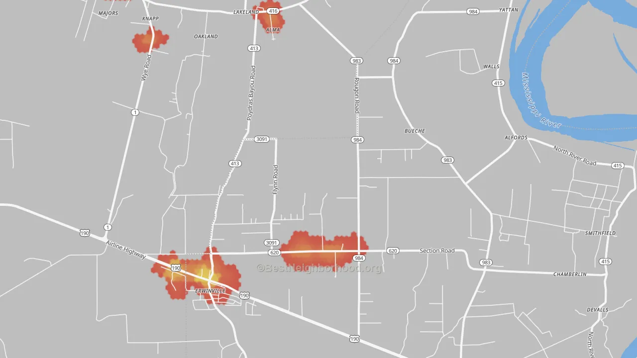 Walk Grade map of Erwinville, LA, walkable areas in green and car-dependent areas in red
