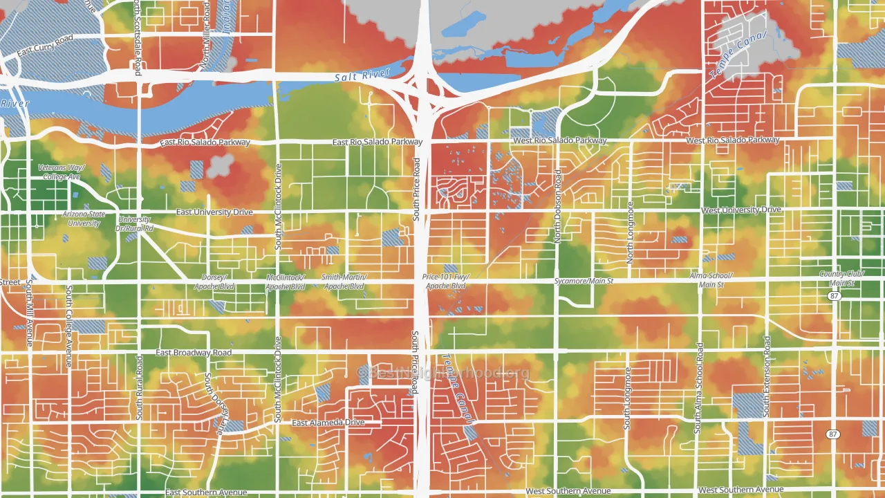 Walk Grade map of Escalante, Tempe, AZ, walkable areas in green and car-dependent areas in red