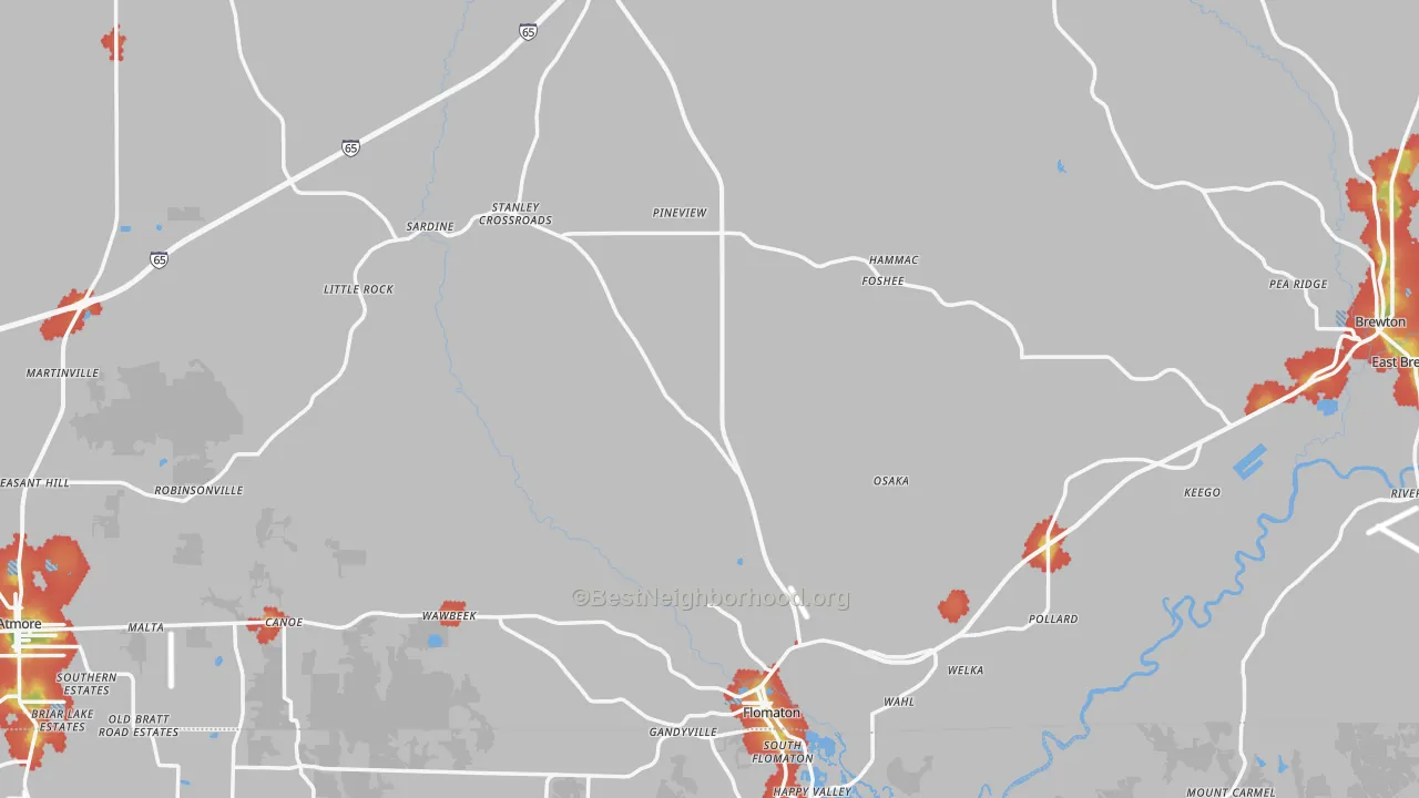 Walk Grade map of Escambia County, AL, walkable areas in green and car-dependent areas in red
