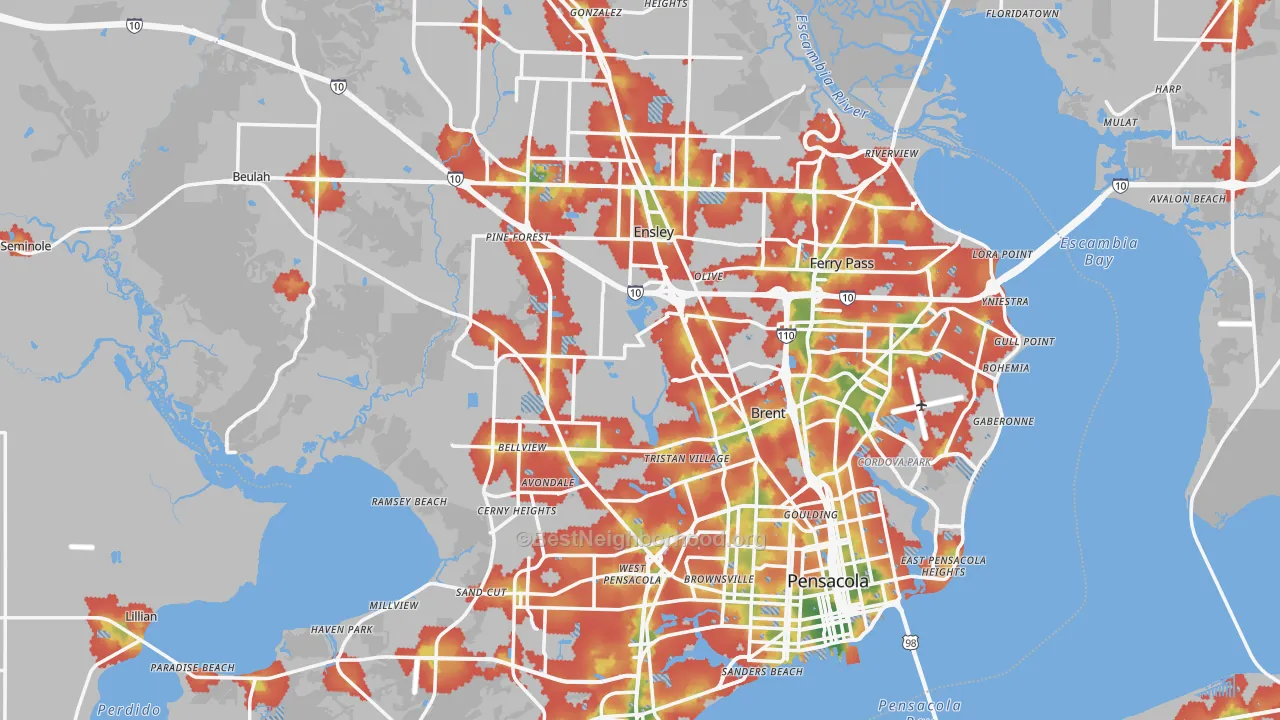Walk Grade map of Escambia County, FL, walkable areas in green and car-dependent areas in red