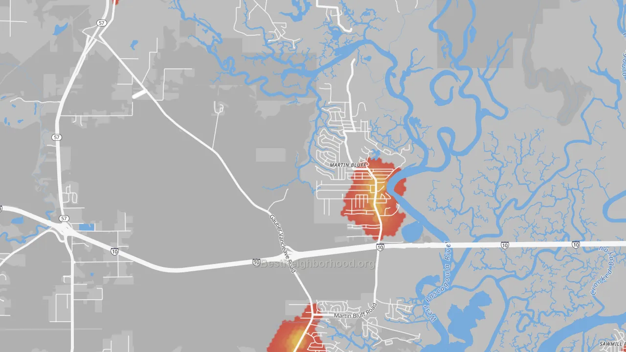 Walk Grade map of Escatawpa, MS, walkable areas in green and car-dependent areas in red