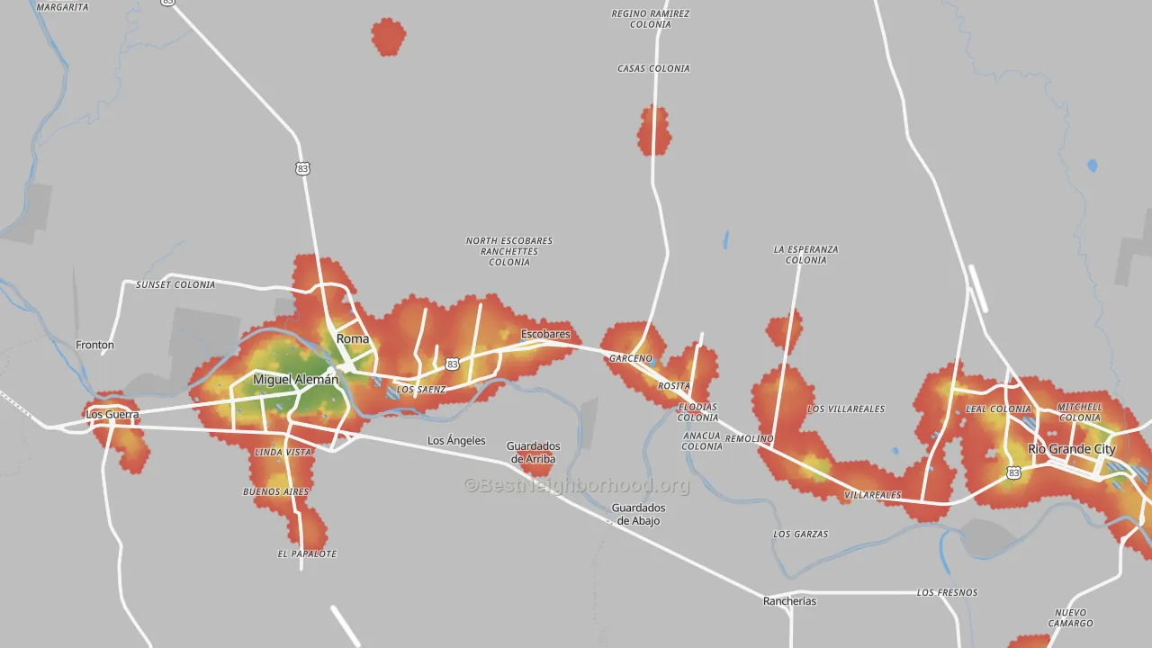 Walk Grade map of Escobares, TX, walkable areas in green and car-dependent areas in red
