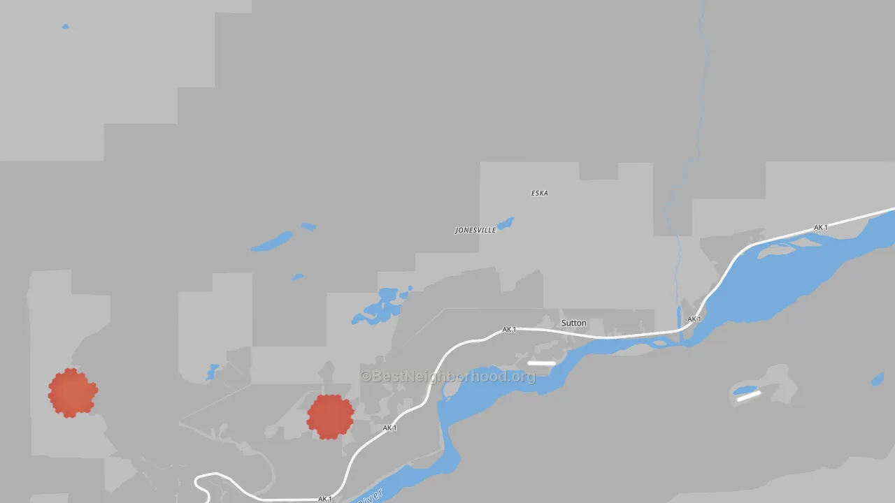 Walk Grade map of Eska, AK, walkable areas in green and car-dependent areas in red