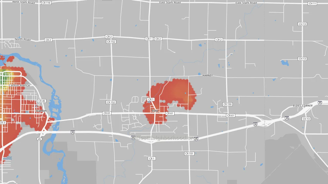 Walk Grade map of Esko, MN, walkable areas in green and car-dependent areas in red