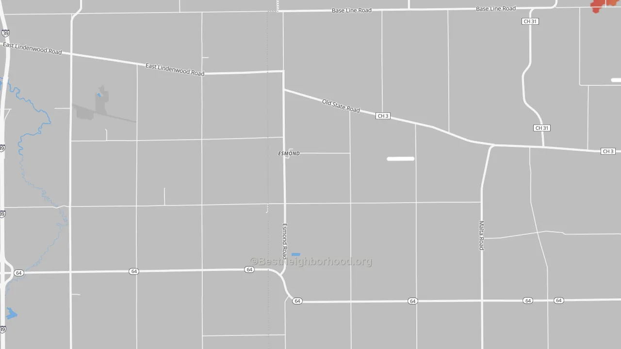 Walk Grade map of Esmond, IL, walkable areas in green and car-dependent areas in red