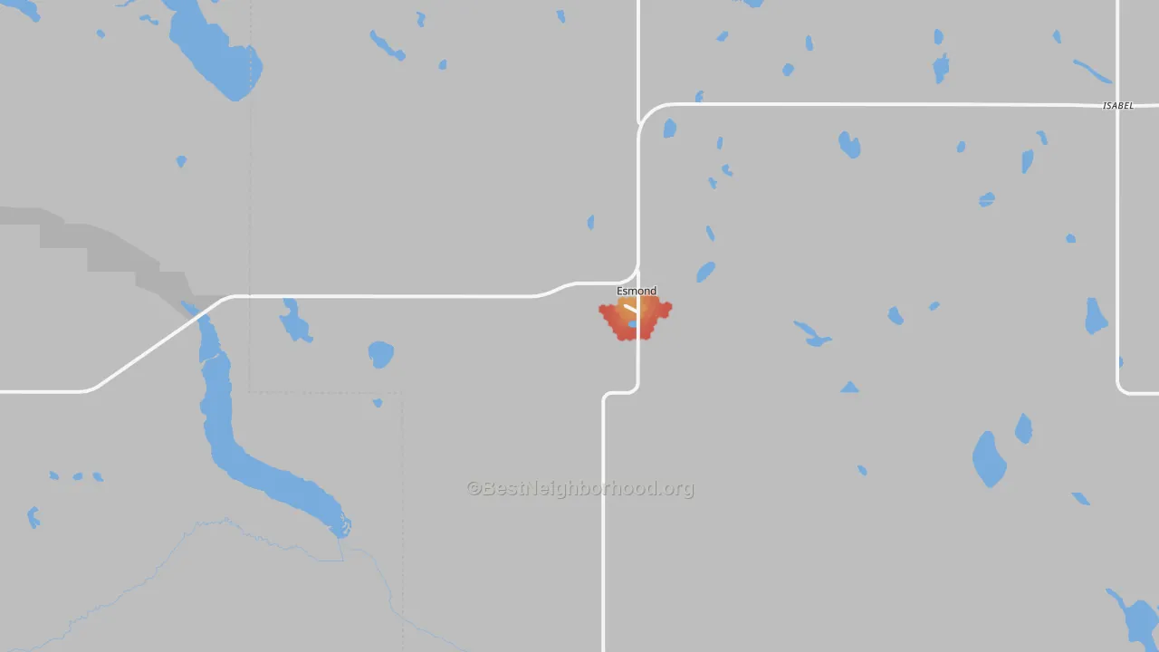 Walk Grade map of Esmond, ND, walkable areas in green and car-dependent areas in red