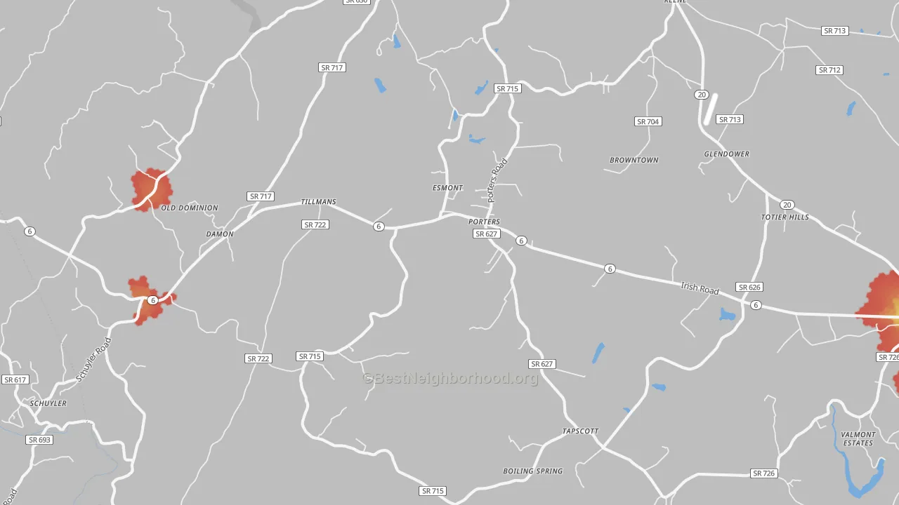 Walk Grade map of Esmont, VA, walkable areas in green and car-dependent areas in red