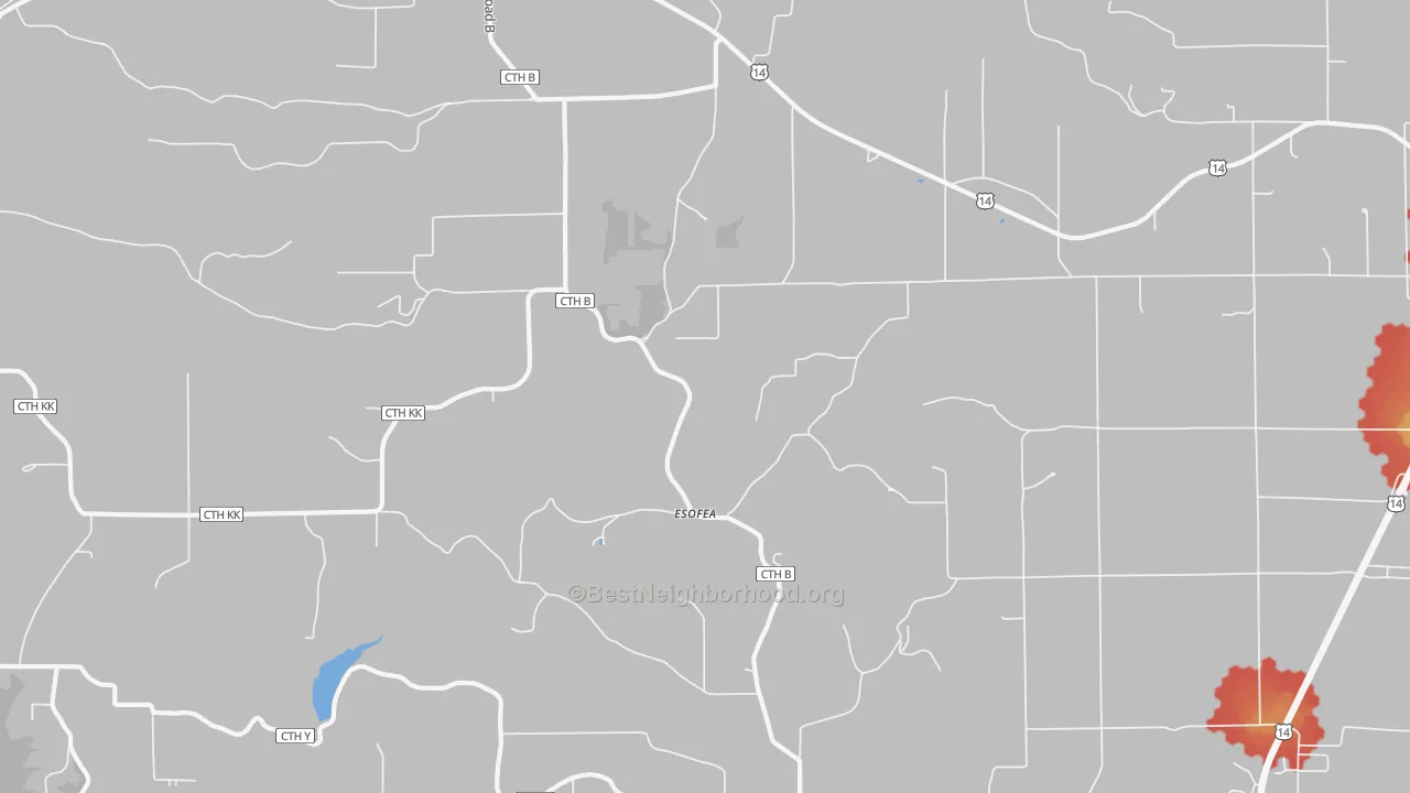 Walk Grade map of Esofea, WI, walkable areas in green and car-dependent areas in red