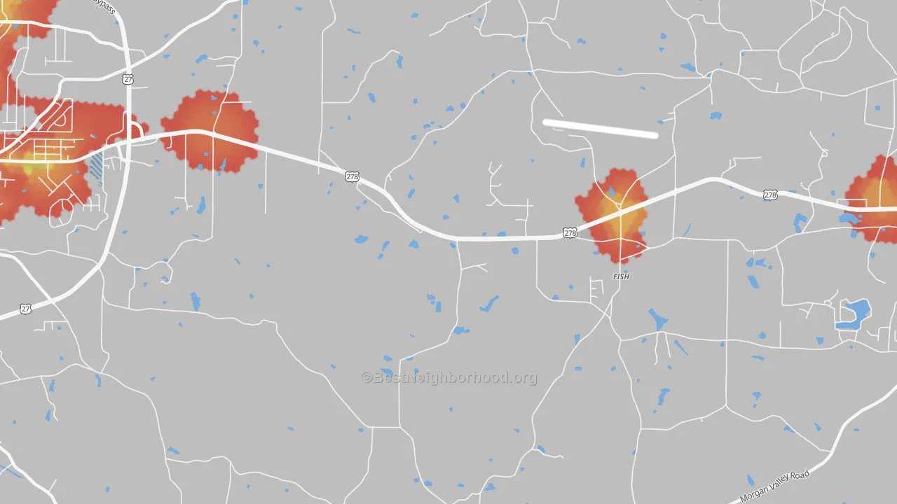 Walk Grade map of Esom Hill, GA, walkable areas in green and car-dependent areas in red