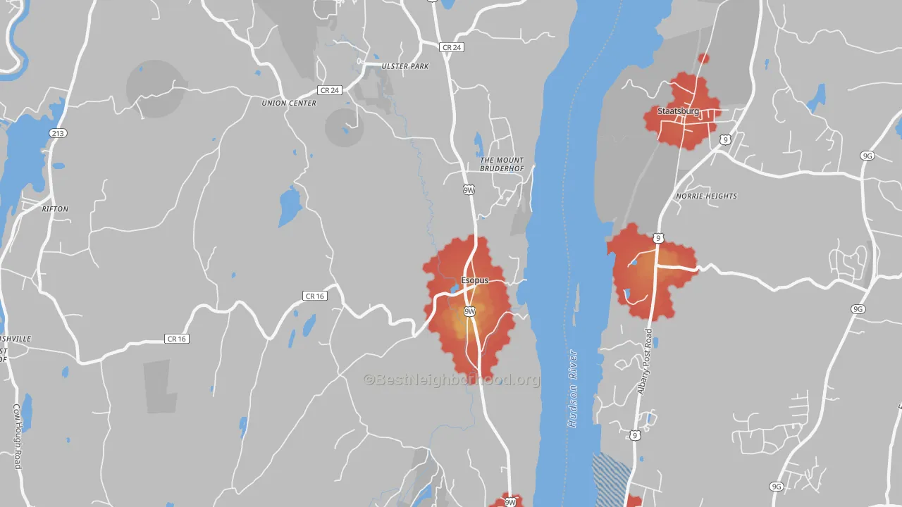 Walk Grade map of Esopus, NY, walkable areas in green and car-dependent areas in red