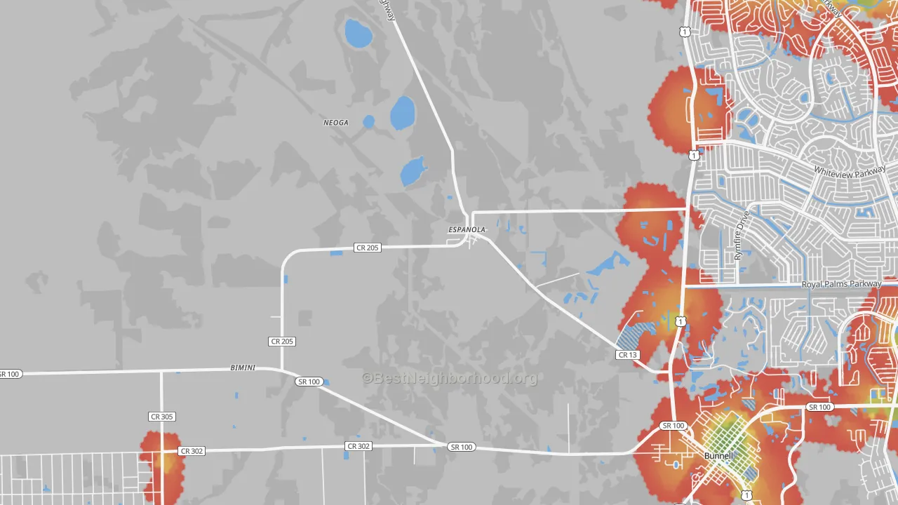 Walk Grade map of Espanola, FL, walkable areas in green and car-dependent areas in red