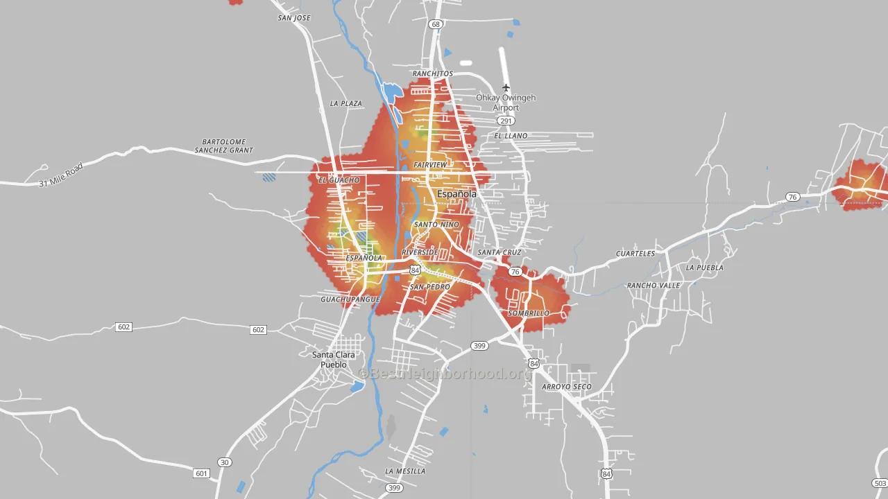 Walk Grade map of Espanola, NM, walkable areas in green and car-dependent areas in red