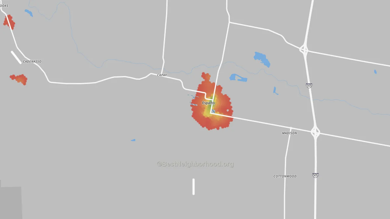 Walk Grade map of Esparto, CA, walkable areas in green and car-dependent areas in red