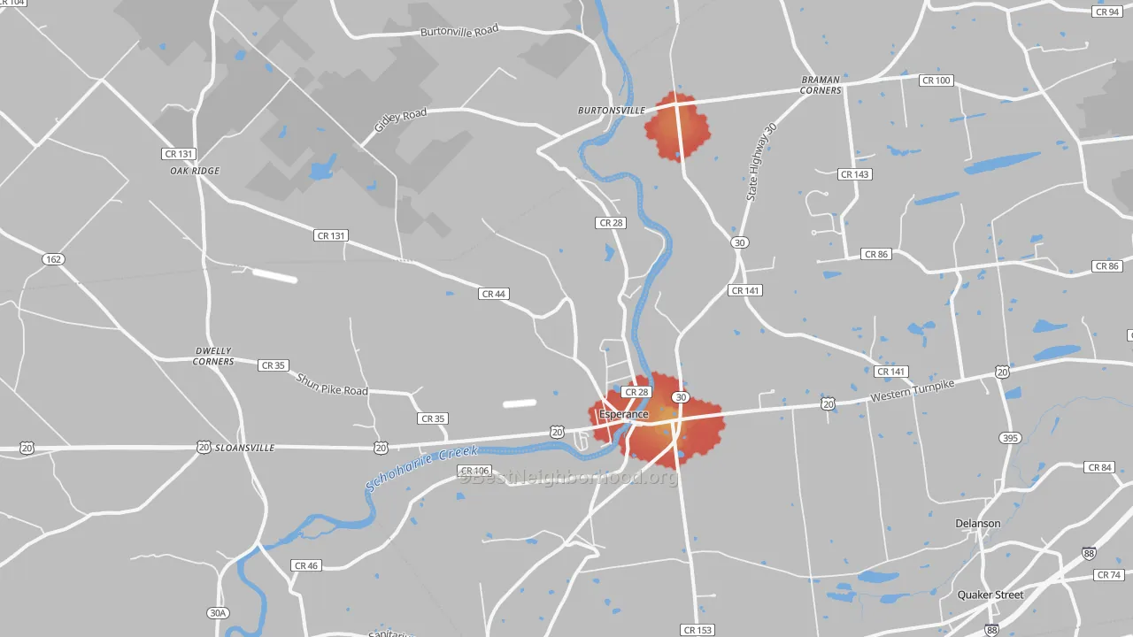 Walk Grade map of Esperance, NY, walkable areas in green and car-dependent areas in red