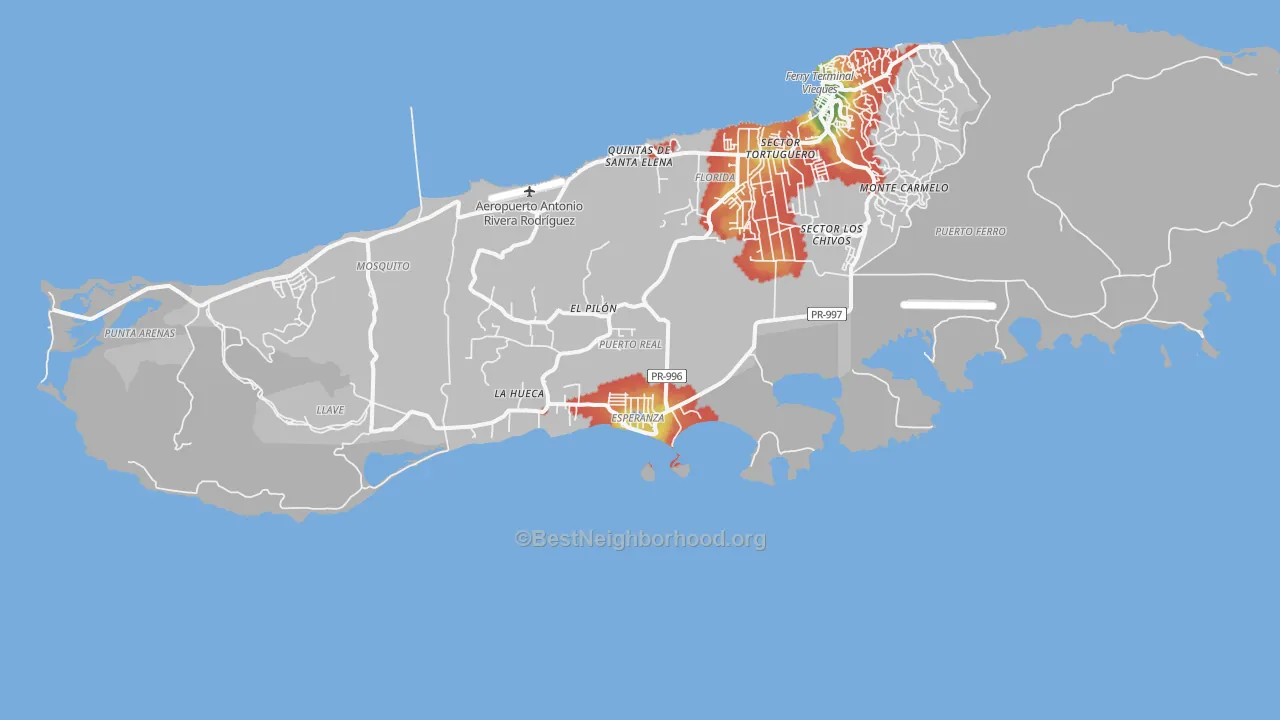 Walk Grade map of Esperanza, PR, walkable areas in green and car-dependent areas in red